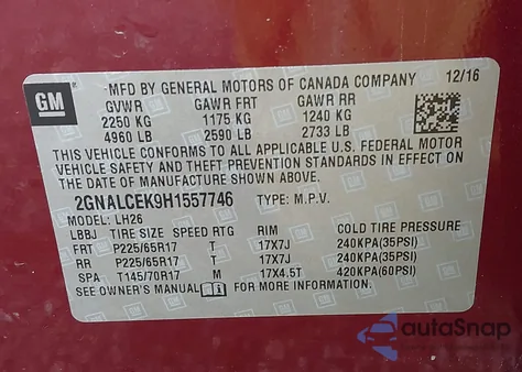 2017 Chevrolet Equinox Lt z USA, uszkodzony, nr VIN 2GNALCEK9H1557746